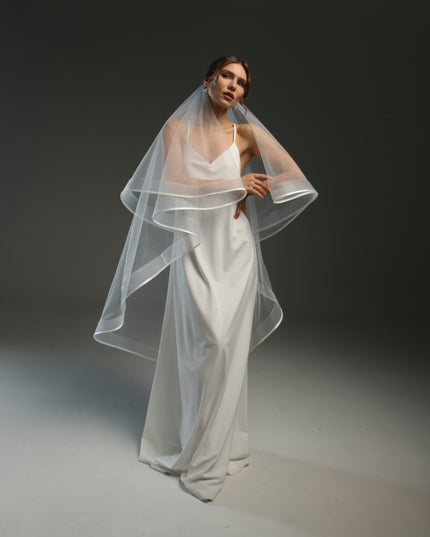 Cascading Veil with Satin Ribbon | Wedding Veil with Horsehair Trim | Elegant Flowing Design