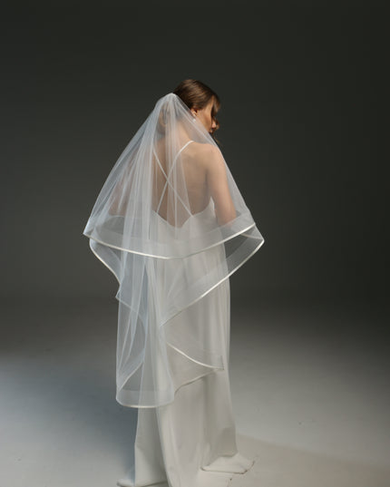 Cascading Veil with Satin Ribbon | Wedding Veil with Horsehair Trim | Elegant Flowing Design