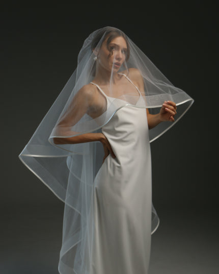 Cascading Veil with Satin Ribbon | Wedding Veil with Horsehair Trim | Elegant Flowing Design