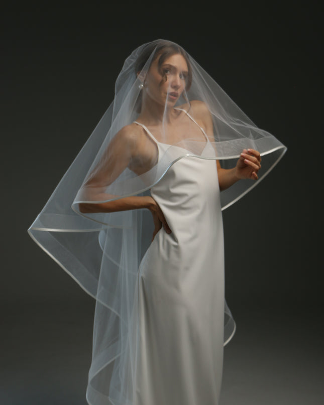 Cascading Veil with Satin Ribbon | Wedding Veil with Horsehair Trim | Elegant Flowing Design