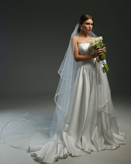 Two Tier Wedding Veil with Horsehair and Satin Ribbon Edge | Bridal Veil