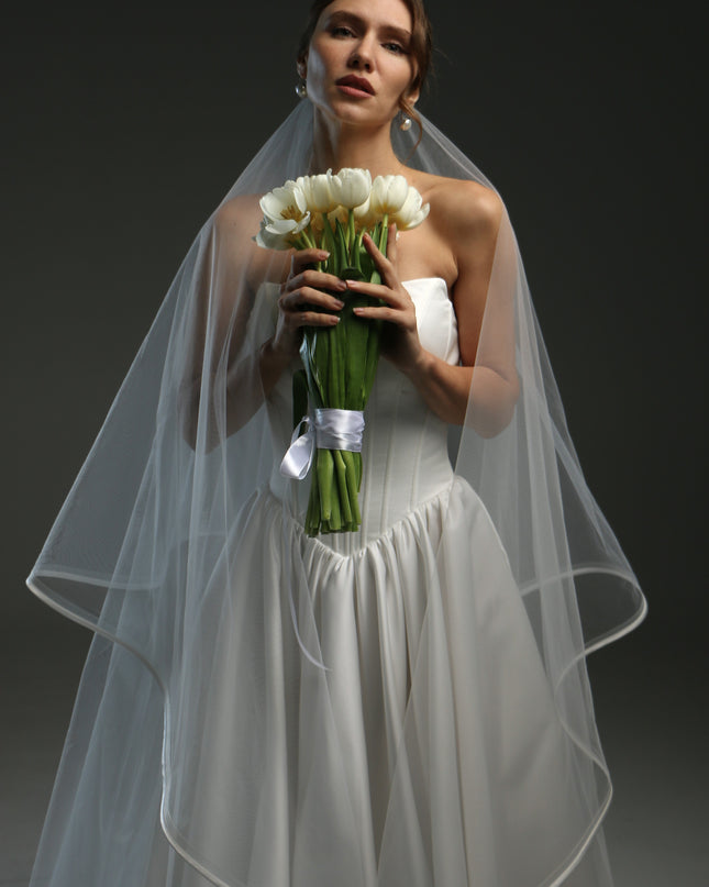 Two Tier Wedding Veil with Horsehair and Satin Ribbon Edge | Bridal Veil