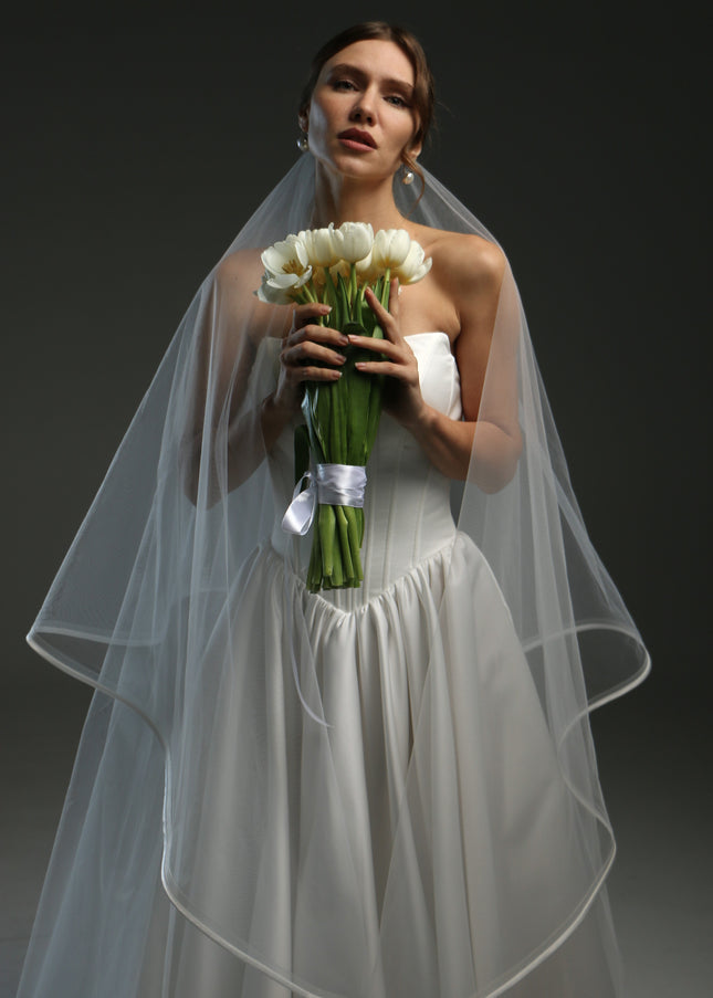 Two Tier Wedding Veil with Horsehair and Satin Ribbon Edge | Bridal Veil