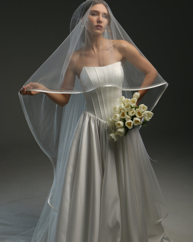 Two Tier Wedding Veil with Horsehair and Satin Ribbon Edge | Bridal Veil