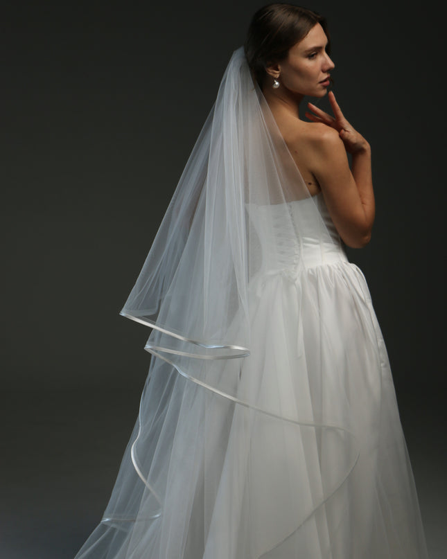 Two Tier Wedding Veil with Horsehair and Satin Ribbon Edge | Bridal Veil