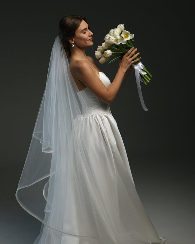 Two Tier Wedding Veil with Horsehair and Satin Ribbon Edge | Bridal Veil