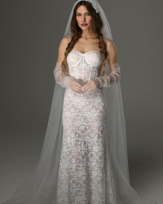 Long Cathedral Wedding Veil with Lace Juliet Cap