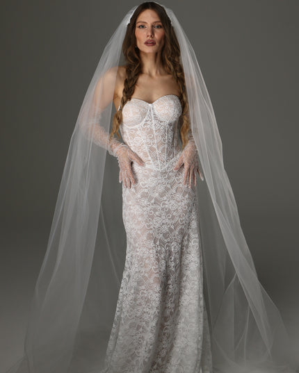 Long Cathedral Wedding Veil with Lace Juliet Cap