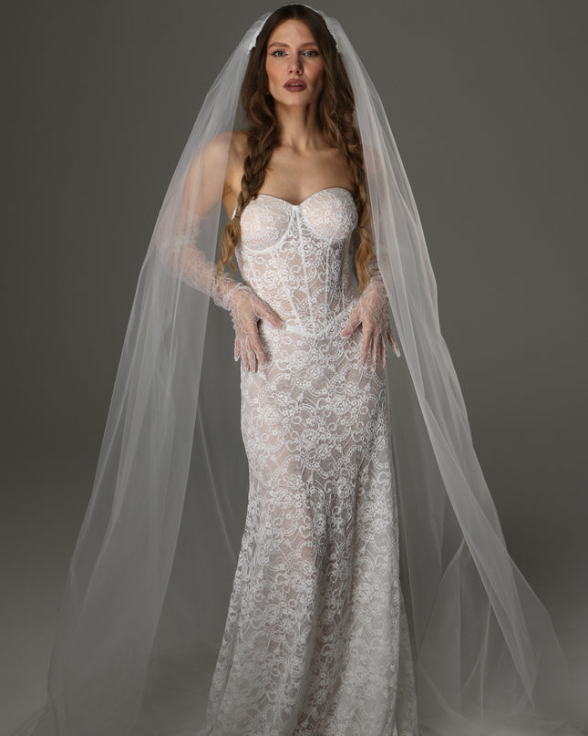 Long Cathedral Wedding Veil with Lace Juliet Cap