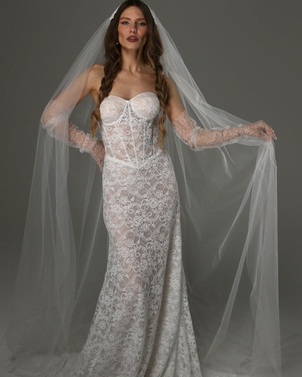 Long Cathedral Wedding Veil with Lace Juliet Cap