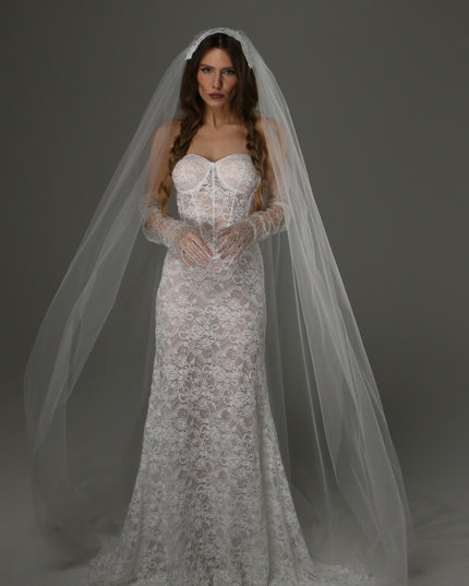 Long Cathedral Wedding Veil with Lace Juliet Cap
