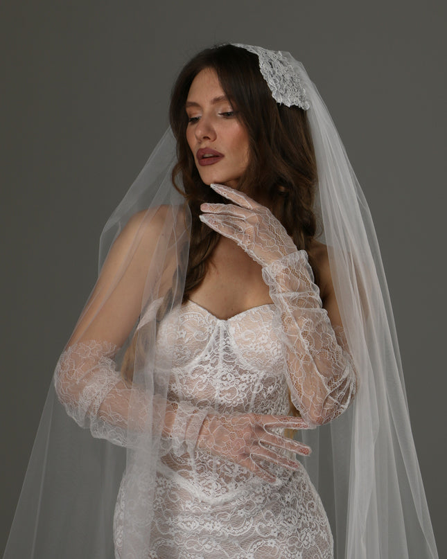 Long Cathedral Wedding Veil with Lace Juliet Cap