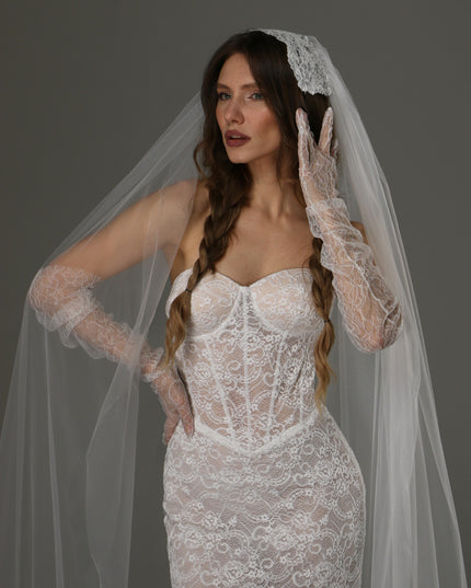 Long Cathedral Wedding Veil with Lace Juliet Cap
