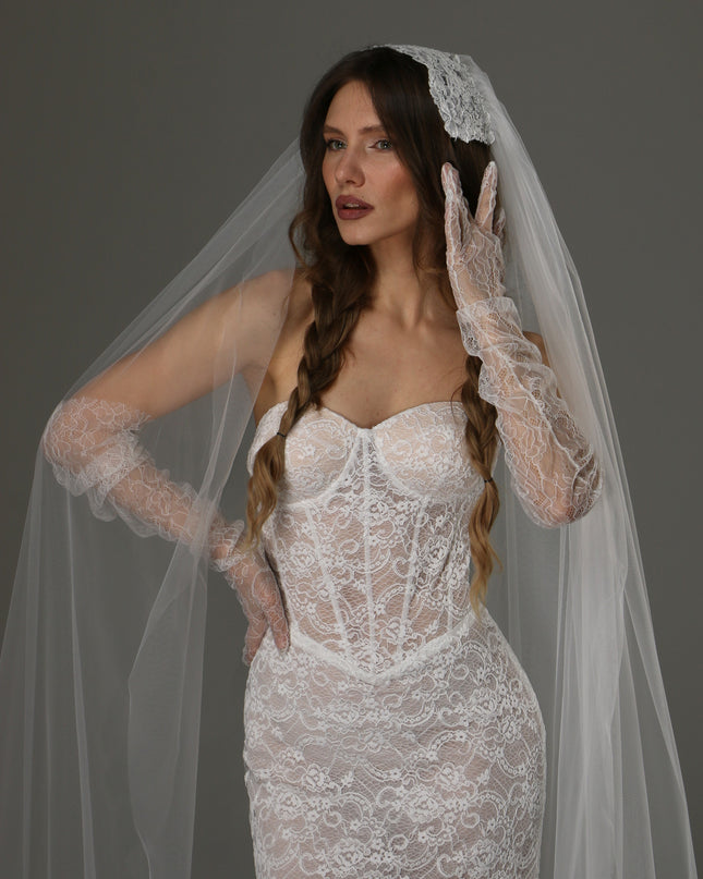 Long Cathedral Wedding Veil with Lace Juliet Cap
