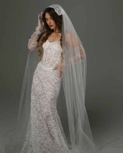 Long Cathedral Wedding Veil with Lace Juliet Cap