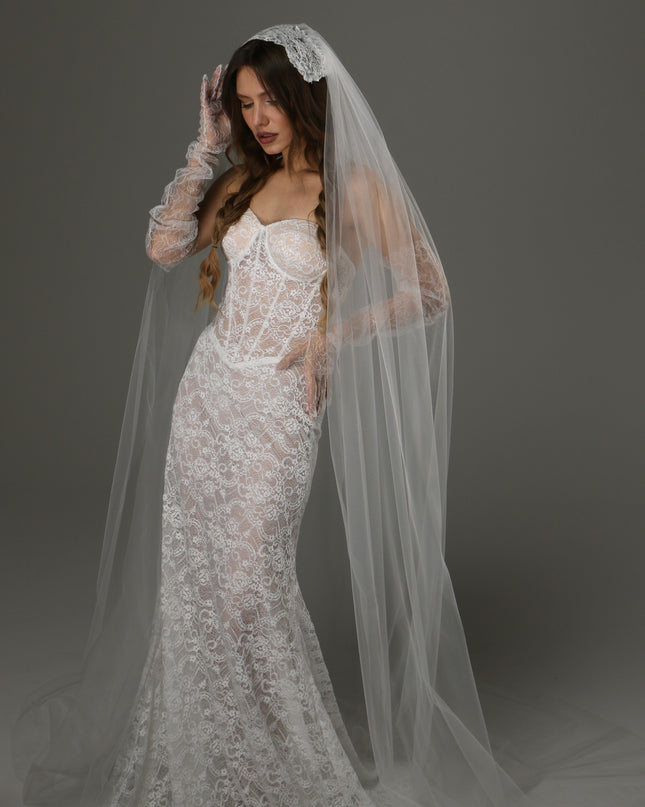 Long Cathedral Wedding Veil with Lace Juliet Cap