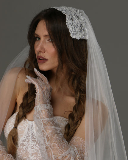 Long Cathedral Wedding Veil with Lace Juliet Cap