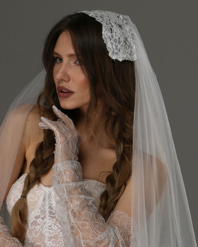 Long Cathedral Wedding Veil with Lace Juliet Cap