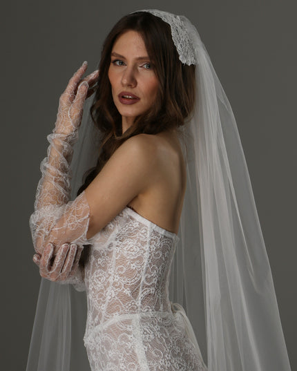 Long Cathedral Wedding Veil with Lace Juliet Cap