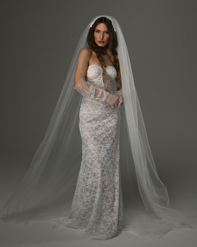 Long Cathedral Wedding Veil with Lace Juliet Cap