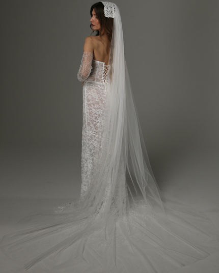 Long Cathedral Wedding Veil with Lace Juliet Cap