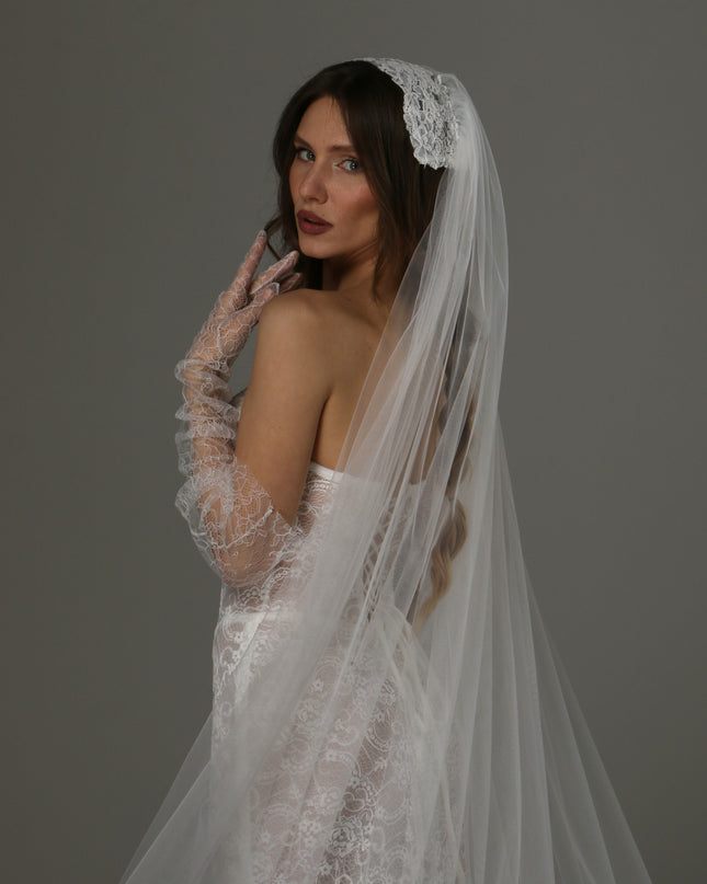 Long Cathedral Wedding Veil with Lace Juliet Cap