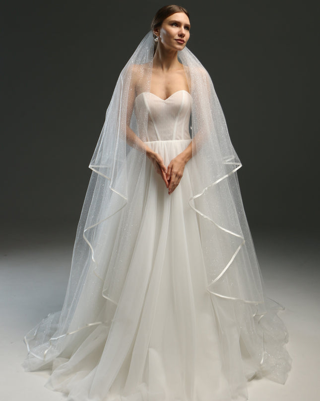 Classic Chapel Wedding Veil with Satin Edge, Glitter, and Ribbon - Long Bridal Veil