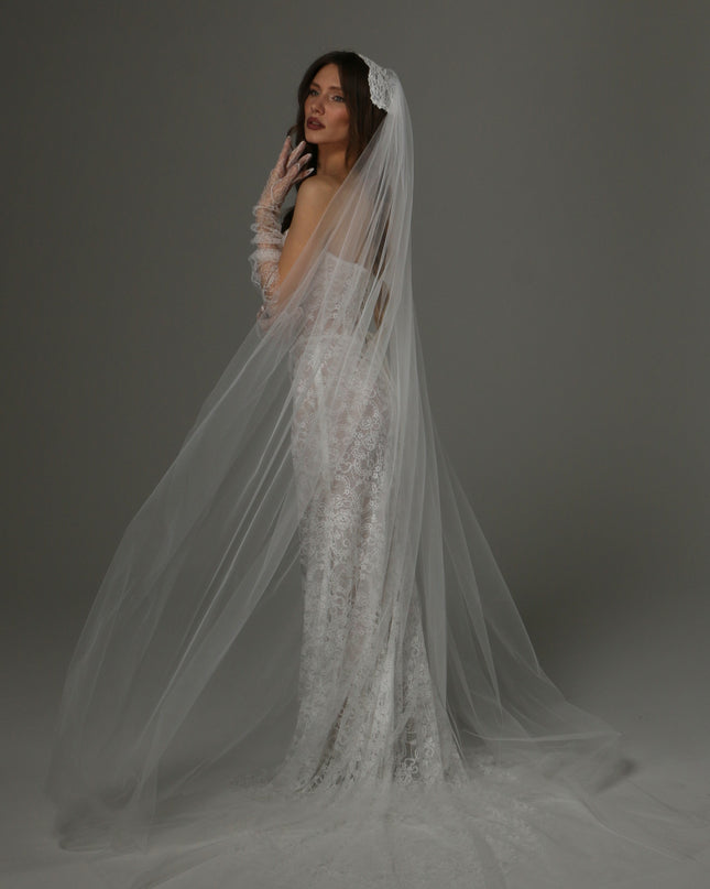Long Cathedral Wedding Veil with Lace Juliet Cap