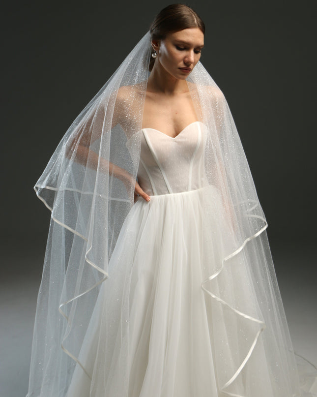 Classic Chapel Wedding Veil with Satin Edge, Glitter, and Ribbon - Long Bridal Veil