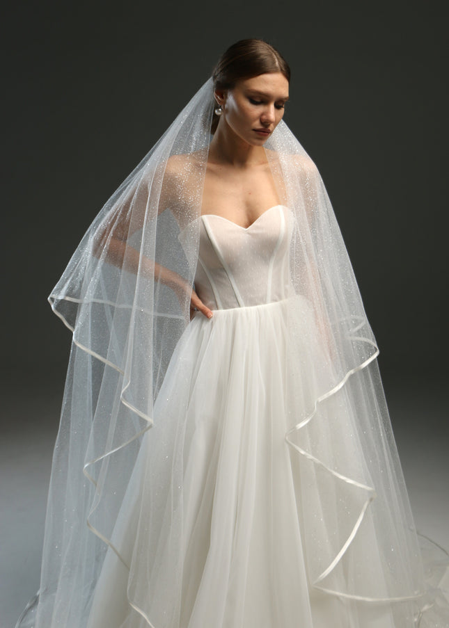 Classic Chapel Wedding Veil with Satin Edge, Glitter, and Ribbon - Long Bridal Veil