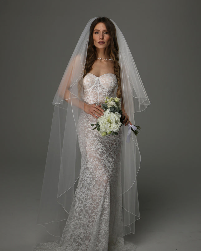 Two Tier Wedding Veil with Pencil Edge, Full Bridal Veil at Comb, Soft Tulle Veil, Classic Romantic Bridal Veil