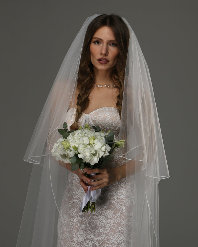 Two Tier Wedding Veil with Pencil Edge, Full Bridal Veil at Comb, Soft Tulle Veil, Classic Romantic Bridal Veil