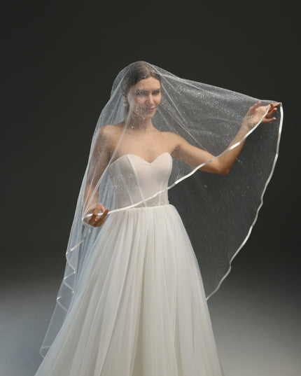 Classic Chapel Wedding Veil with Satin Edge, Glitter, and Ribbon - Long Bridal Veil