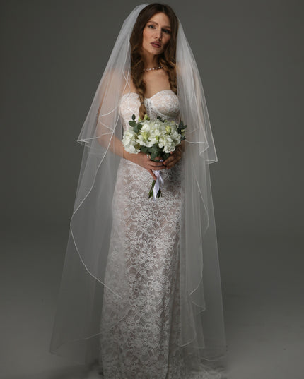 Two Tier Wedding Veil with Pencil Edge, Full Bridal Veil at Comb, Soft Tulle Veil, Classic Romantic Bridal Veil