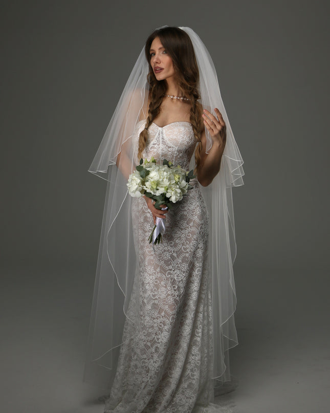 Two Tier Wedding Veil with Pencil Edge, Full Bridal Veil at Comb, Soft Tulle Veil, Classic Romantic Bridal Veil