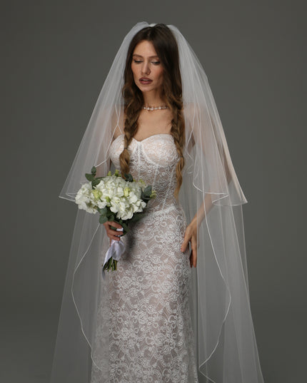 Two Tier Wedding Veil with Pencil Edge, Full Bridal Veil at Comb, Soft Tulle Veil, Classic Romantic Bridal Veil