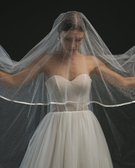 Classic Chapel Wedding Veil with Satin Edge, Glitter, and Ribbon - Long Bridal Veil