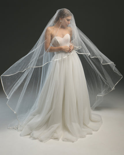 Classic Chapel Wedding Veil with Satin Edge, Glitter, and Ribbon - Long Bridal Veil