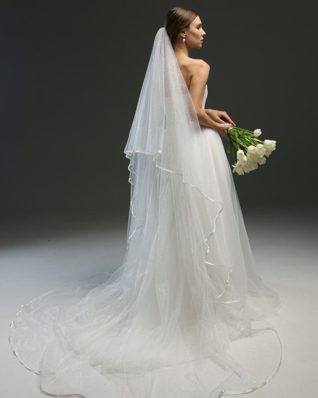 Classic Chapel Wedding Veil with Satin Edge, Glitter, and Ribbon - Long Bridal Veil