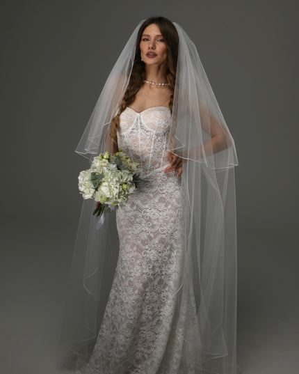 Two Tier Wedding Veil with Pencil Edge, Full Bridal Veil at Comb, Soft Tulle Veil, Classic Romantic Bridal Veil