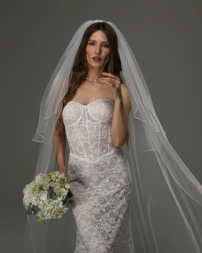 Two Tier Wedding Veil with Pencil Edge, Full Bridal Veil at Comb, Soft Tulle Veil, Classic Romantic Bridal Veil