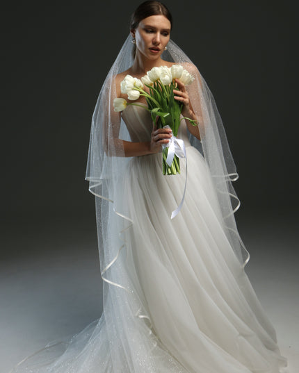 Classic Chapel Wedding Veil with Satin Edge, Glitter, and Ribbon - Long Bridal Veil