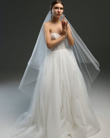 Sheer bridal veil with pencil edge – two-tier blusher veil, cathedral length, dramatic wedding veil