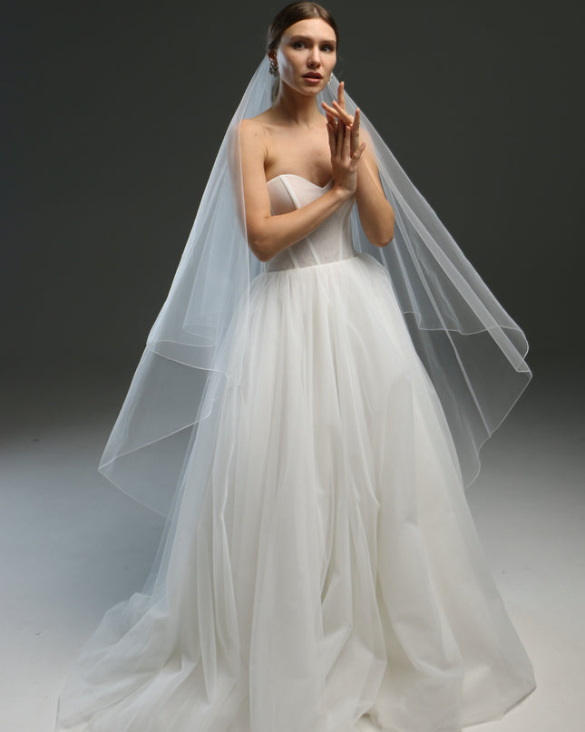 Sheer bridal veil with pencil edge – two-tier blusher veil, cathedral length, dramatic wedding veil