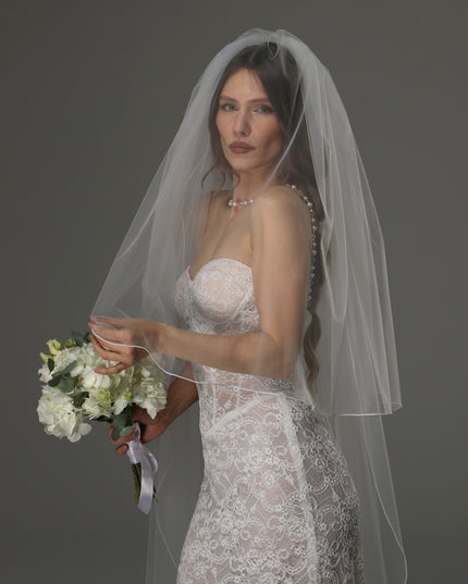 Two Tier Wedding Veil with Pencil Edge, Full Bridal Veil at Comb, Soft Tulle Veil, Classic Romantic Bridal Veil