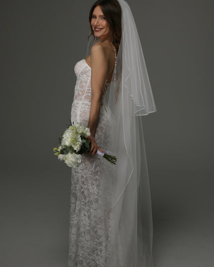 Two Tier Wedding Veil with Pencil Edge, Full Bridal Veil at Comb, Soft Tulle Veil, Classic Romantic Bridal Veil