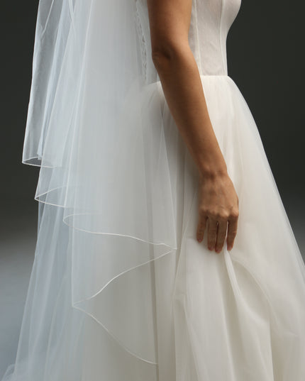 Sheer bridal veil with pencil edge – two-tier blusher veil, cathedral length, dramatic wedding veil