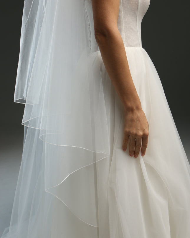 Sheer bridal veil with pencil edge – two-tier blusher veil, cathedral length, dramatic wedding veil