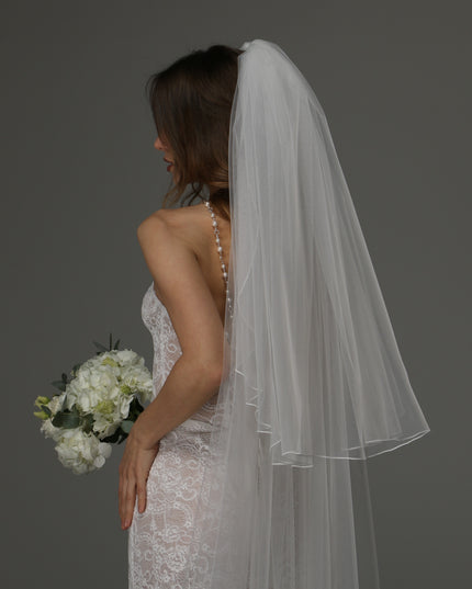Two Tier Wedding Veil with Pencil Edge, Full Bridal Veil at Comb, Soft Tulle Veil, Classic Romantic Bridal Veil