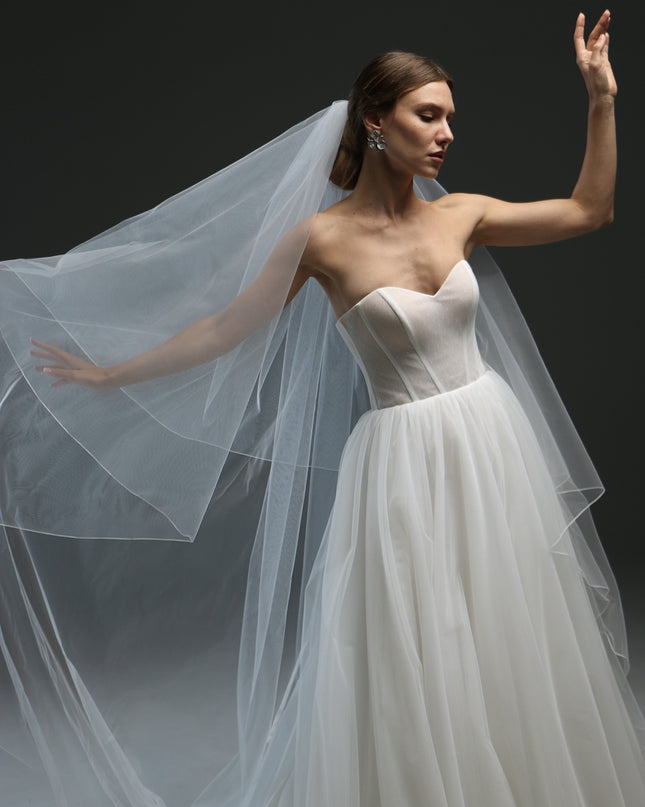 Sheer bridal veil with pencil edge – two-tier blusher veil, cathedral length, dramatic wedding veil
